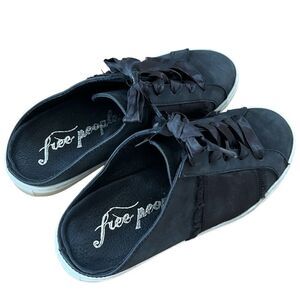 Free People Naples Black Leather Slip On Sneakers Ribbon Shoe Laces Fringe 37 7